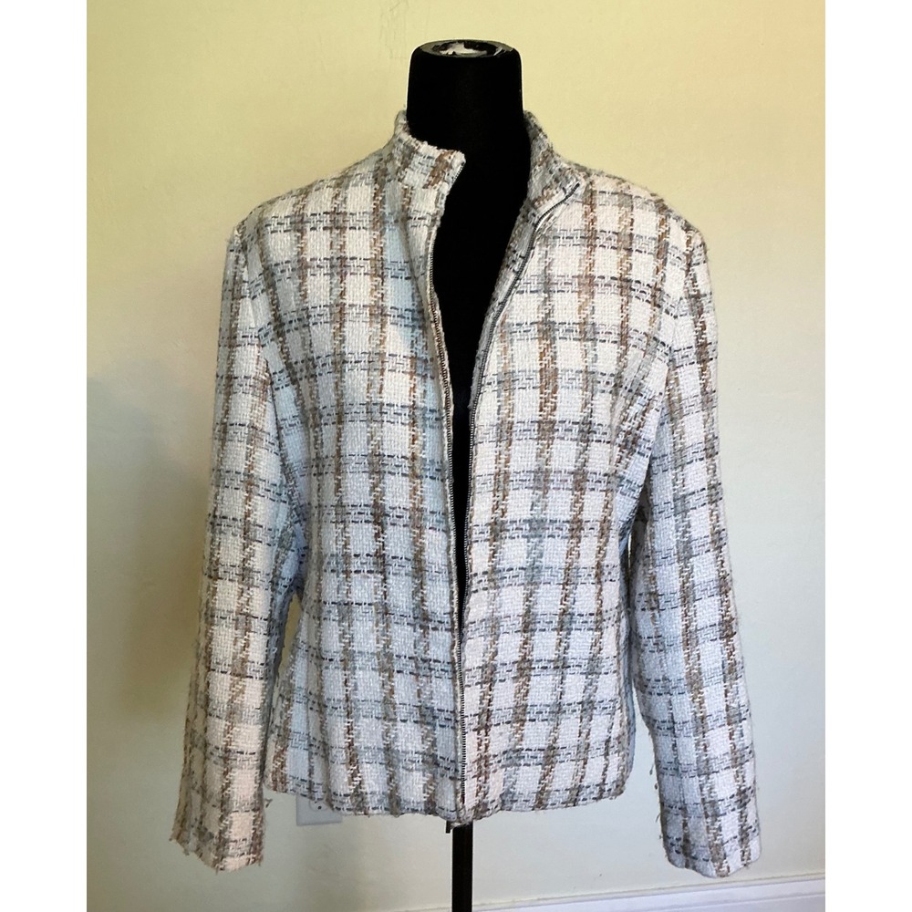 Norton McNaughton Womens Plaid Tweed Zip Front Jacket Mock Neck Brown Blue 14